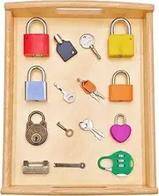 Montessori Lock and Key Toy Set, Wooden Tray Montessori Materials Homeschool Preschool Educationl Toys for 3+ Year Old Toddlers Kids (Tray Locks Keys)