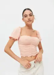 Urban Outfitters Vienna Ruched Smocked Square Heart Cropped Top Peach Size L NWT