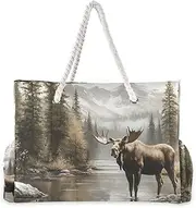 [YXYZRMY] Moose Landscape River Beach Bag for Women Large Beach Tote Bag Zipper for Swim Gym Travel Daily