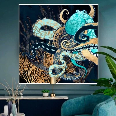 OCTOPUS BLUE OCEAN HAMPTONS STYLE OPTIONS PRINT ON STRETCHED CANVAS PAPER POSTER