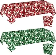Christmas Tablecloths for Rectangle Table, 87x51'' Santa Claus Snowman Reindeer Snowflake Xmas Plastic Disposable Table Cover for Christmas Party Winter Events Decorations, Red and Green, 8 Pack