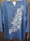 NWT ALFRED DUNNER MONTANA SKY Ribbed Knit Diagonal Scroll Top L