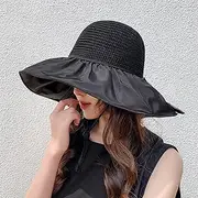 [Ling88] Women Foldable Sun Hat Quick Dry Summer Outdoor Travel Big Brim Hat Black Plastic Shade Ladies Sunscreen Hat Bow Basin Hat Beach Fisherman Hat Gardening Hat,Black