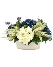 Creative Displays White & Blue Hydrangeas, Heather & Berries Arranged in Ceramic Vase