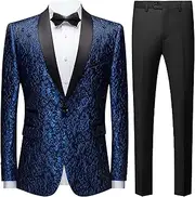 [Maiyifu-GJ] Men's Prom Wedding Stylish Tuxedo Suits Slim Fit 2 Piece Suit Set 1 Button Print Dinner Jacket Blazer Pants Sets