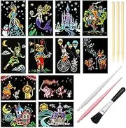 MIASTAR Scratch Art Kit: Rainbow Night View Scratchboard Pads for Teens, 12 Sheets, 2 Pens, 1 Clean Brush, 3 Wood Stylus Sticks, 7.9"x5.5" (Unisex, Not Foldable)