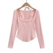 Long-Sleeve Scoop Neck Plain Mock Two Piece T-Shirt Pink - M