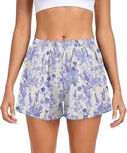 [FRODOTGV] Light Purple Blue Flowers Womens Athletic Shorts Elastic Waisted Golf Shorts for Soccer Teenis Exercise Indoor S
