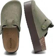 [DDXYYDS] Women's Suede Clogs Leather Platform Mules Cork Footbed Sandals Comfort Potato Shoes with Arch Support Adjustable Buckle Slip On Slippers Brown