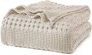 [PHF] 100% Cotton Waffle Weave Blanket King/Cal King Size - Washed Soft Breathable Skin-Friendly Blanket - Perfect Warm Textured Blanket Layer for Couch Bed Sofa 108"x90" - Light Khaki/Linen