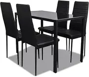 vidaXL Modern 5-Piece Dining Table Set, Black - Tempered Glass Table with 4 Artificial Leather Upholstered Chairs, Easy to Clean, Ideal for Modern Interior