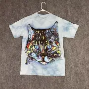 The Mountain Cat Face T Shirt Adult Medium Light Blue Tie Dye Cotton Kitten New