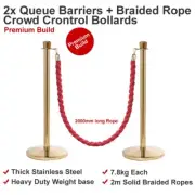 Premium Queue Barriers Set Crowd Control Bollards -2xGolden POLE+1x braided ROPE