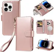 YocoverTech for iPhone 14 Plus Case,for iPhone 15 Plus Wallet Case,2 in 1 Magnetic Detachable PU Leather Flip Cover Card Holders,Support MagSafe Wireless Charging-Rose Gold