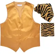 New Men's Formal gold Vest Tuxedo Waistcoat tan zebra Necktie & Hankie set