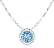[Angara] Natural Bezel-Set Round Aquamarine Solitaire Pendant Necklace in Sterling Silver/14ct Solid Gold for Women | March Birthstone Jewellery for Her