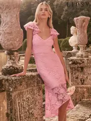 Lipsy Pink Petite Lace Flutter Sleeve Bodycon Midi Dress (AU3430) | $228