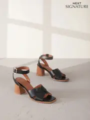 Black Leather Signature Square Toe Cross-Over Detail Ankle Strap Block Sandals (AL5338) | $141