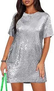 [Ophestin] Women's Sparkly Sequin T Shirt Dress Short Sleeve Crewneck Tie Backless Glitter Party Club Dresses