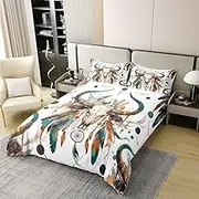 jejeloiu Bull Skull Bedding Set Queen Size Western Decor Dreamcatcher Duvet Cover Set 100% Cotton for Kids Boys Girls Teens Boho Dream Catcher Decor Cotton Duvet Cover Bohemian Style Quilt Set