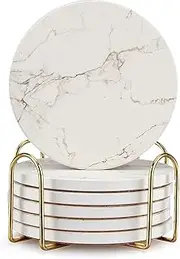 6 Pcs White Marble Coaster Set with Holder Best Absorbent Coasters Drink Stone Coasters Ceramic Wine Coasters Table Cup Coasters