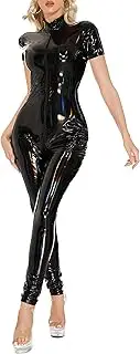 [Maeau] Women's Jumpsuit Wetlook Glitter Overall Full Body Short Sleeve Cat Jersey Patent Leather Full Body Suit Elastic Latex Catsuit Trouser Suit EU XS-XL (Asia S-3XL)