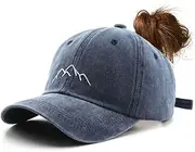 [YULOONG] Women's Ponytail Baseball Cap Mountain Peak Embroidery Baseball Cap Retro Washed Cotton Hat Sun Protection Cap Adjustable Tennis Golf Sports Cap