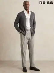 Reiss Grey Complex Regular Fit Herringbone Trousers With Cotton (H27721) | $280