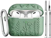 [AIRSPO] Airpod Pro 2nd Generation Case, 3D Floral Embossed Soft Silicone Protective Cover with Cleaner Kit for Apple Airpods Pro 2nd 1st Gen Case with Keychain (2023/2022), Green