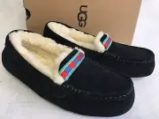 UGG Australia ANSLEY EMBROIDERY Black Suede SHEEPSKIN MOCCASIN SLIPPERS 1016162
