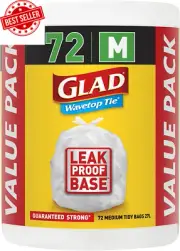 Glad Wavetop Tie Kitchen Tidy Bags (72-Pack) - Medium Size, Fits 27L Bin, Leak-P