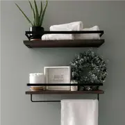 2 Set Rustic Floating Wall Shelves Bathroom Utility Decorative Rack with Towel Rod