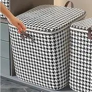 1pc Clothes Storage Bag, Houndstooth Pattern Foldable Fabric Storage Bag, Large Capacity Waterproof Moisture-proof Cotton Quilt Storage Bag, Home Organization