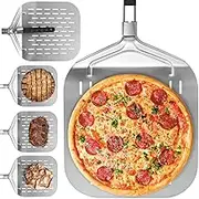 Perforated Pizza Peel Stainless Steel Pizza Spatula with Folding Handle Pizza Peel Paddle Non Stick Pizza Turning Peel 24.9×12.4×12.6 Inch Rectangular Pizza Paddle for Home Kitchen Pizza