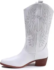 [ZJWBB] Women's Cowboy Boots Embroidered Western Cowgirl Mid Calf Boots Pointed Toe Chunky Heel Wide-calf Boots Vintage Pull on Western Boots