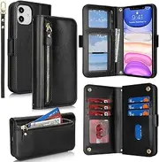 SunYoo for iPhone 11 Case Leather Wallet with Card Holders Money Slots Wrist Strap for Women Men RFID Blocking Purse for iPhone11 Zipper Coin Pocket Cover Kickstand Folio Flip Case Black