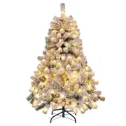 Costway 1.4M Snow Flocked Hinged PVC Christmas Tree w/150 LED Lights & Metal Stand Xmas Decoration