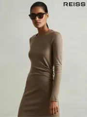 Reiss Camel Sloane Wool Ruche Detail Midi Dress (E57265) | $380