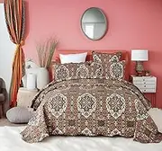 DaDa Bedding's Earthy Moroccan Cross Quilted Bedspread Set - Warm Burnt Orange, Olive Green Tones - Rustic Antique Style with Scalloped Edges - Cal King - 3-Piece Comfort