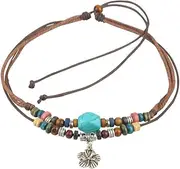 [Ancient Tribe] Adjustable Hemp Cords Wood Beads Beaded Choker Necklace, Hemp, Wood, synthetic-turquoise