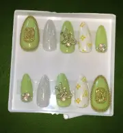 Custom Press on Glue on nails 10pcs Green, Gold, White Sparkle