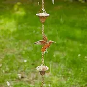 Rain Chain 8.5FT, Hummingbird and Cup Rain Chain for Gutters, Faux Copper Patina Finish Rain Chain with V-Shaped Gutter