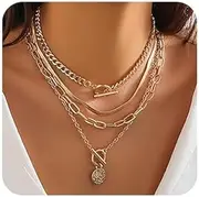 [Ingemark] 4Pcs Layered Gold Choker Necklace Sets for Women Retro Coin Dainty Snake Chain Toggle Clasp Necklace, Large, Metal, No Gemstone