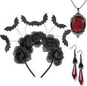 [YWMAN] Gothic Black Bat Rose Headband with Vampire Bat Necklace & Blood Red Teardrop Earrings - Vampire Jewelry Set for Women, Halloween Witch Costume Accessories, Dark Mystic Party Favors