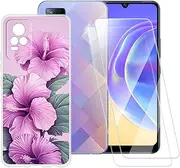 Pink Flowers Pattern Case Compatible with Vivo V21E 4G + [2 Pack] Screen Protector Tempered Glass, Shockproof Case Cover for Vivo Y73 2021 (6.44 inch)