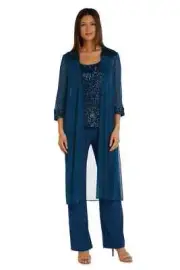Women's Chiffon Sequin Shell Long Duster Jacket Pant Suit