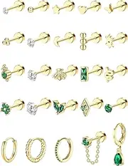 [Kakonia] Tiny Gold Flat Back Earrings for Cartilage Surgical Steel Stud Hoop Earrings Set for Multiple Piercing Star Moon CZ Chain Dangle Emerald Green Earrings Helix Piercing Jewelry 20G