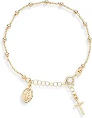 [Miabella] 18K Gold Over Sterling Silver Italian Rosary Cross Bead Charm Link Chain Bracelet for Women Teen Girls, Adjustable, 925 Made in Italy