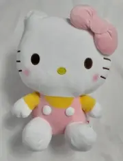 New, 12” White & Pink SANRIO Hello Kitty Plush w/Bow and Overalls
