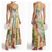 NWT Alice + Olivia Karolina Deep V Tie Patchwork Linen Maxi Dress Sz 14 #1A320